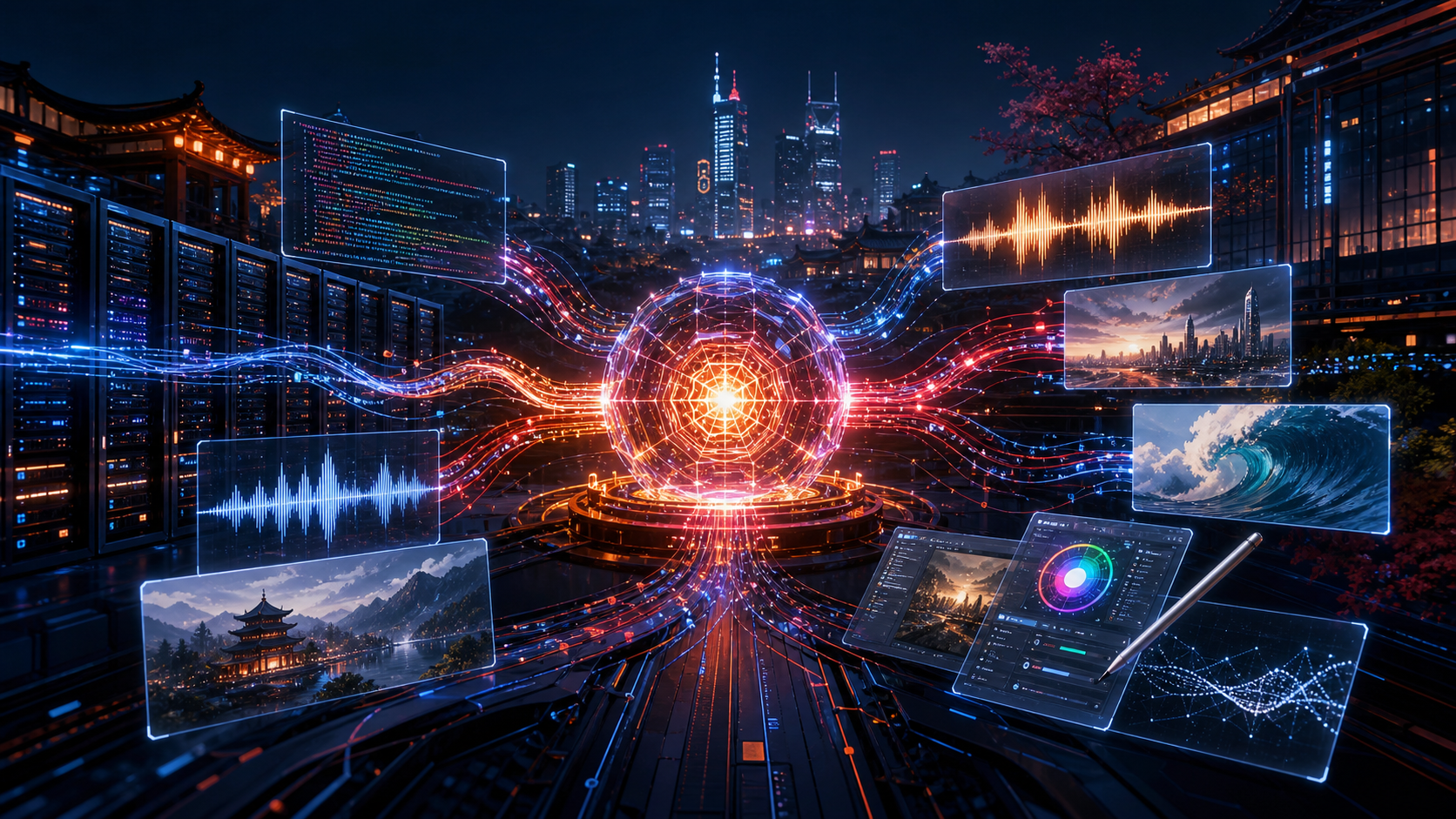 Centro tecnológico con servidores y redes de inteligencia artificial desarrolladas en China