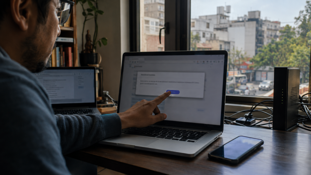 Usuario actualiza un navegador en una laptop desde un departamento urbano mexicano, con módem y teléfono sobre el escritorio.