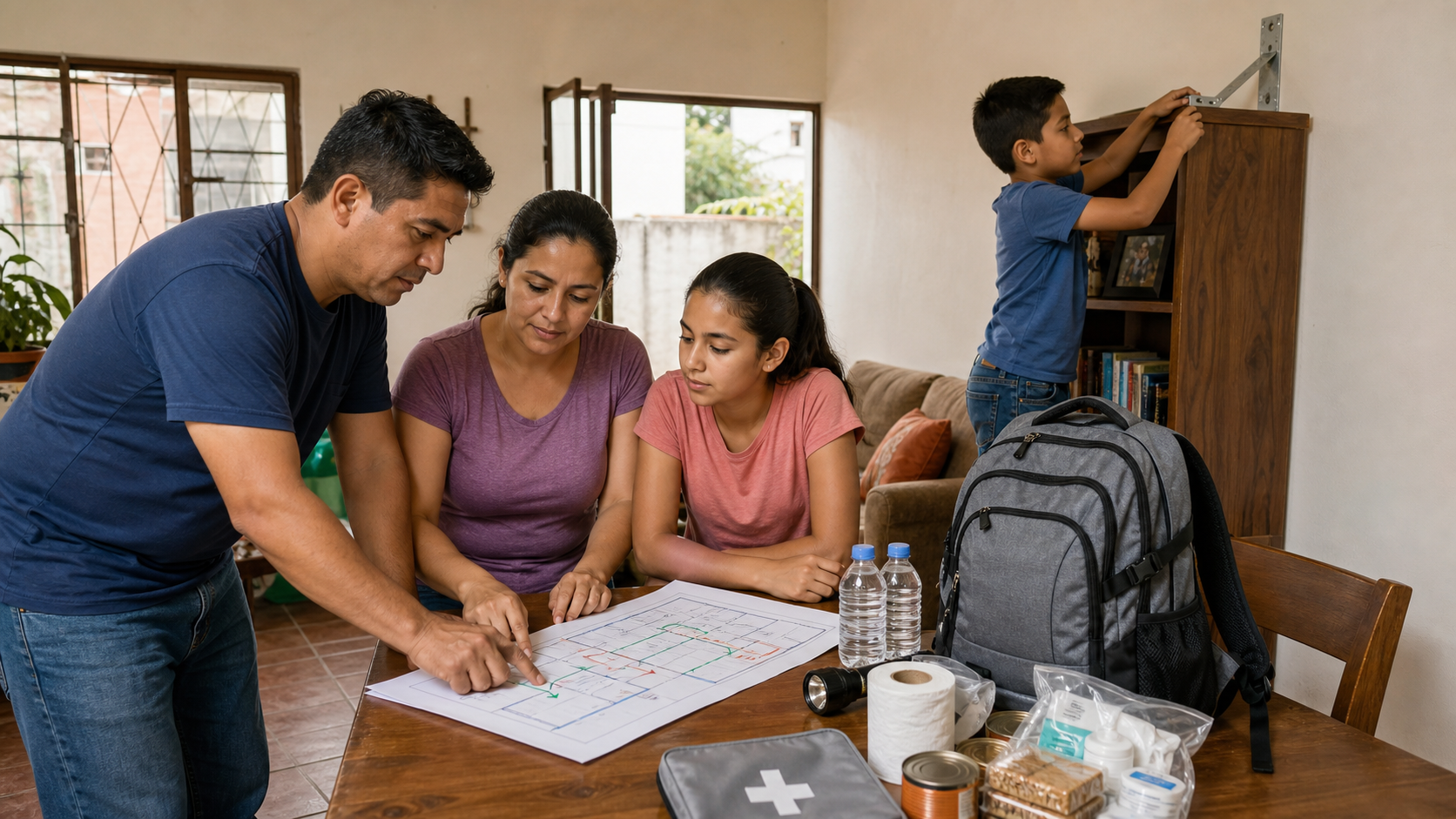 Familia revisando un mapa de evacuación y una mochila de emergencia junto a una ventana en casa.
